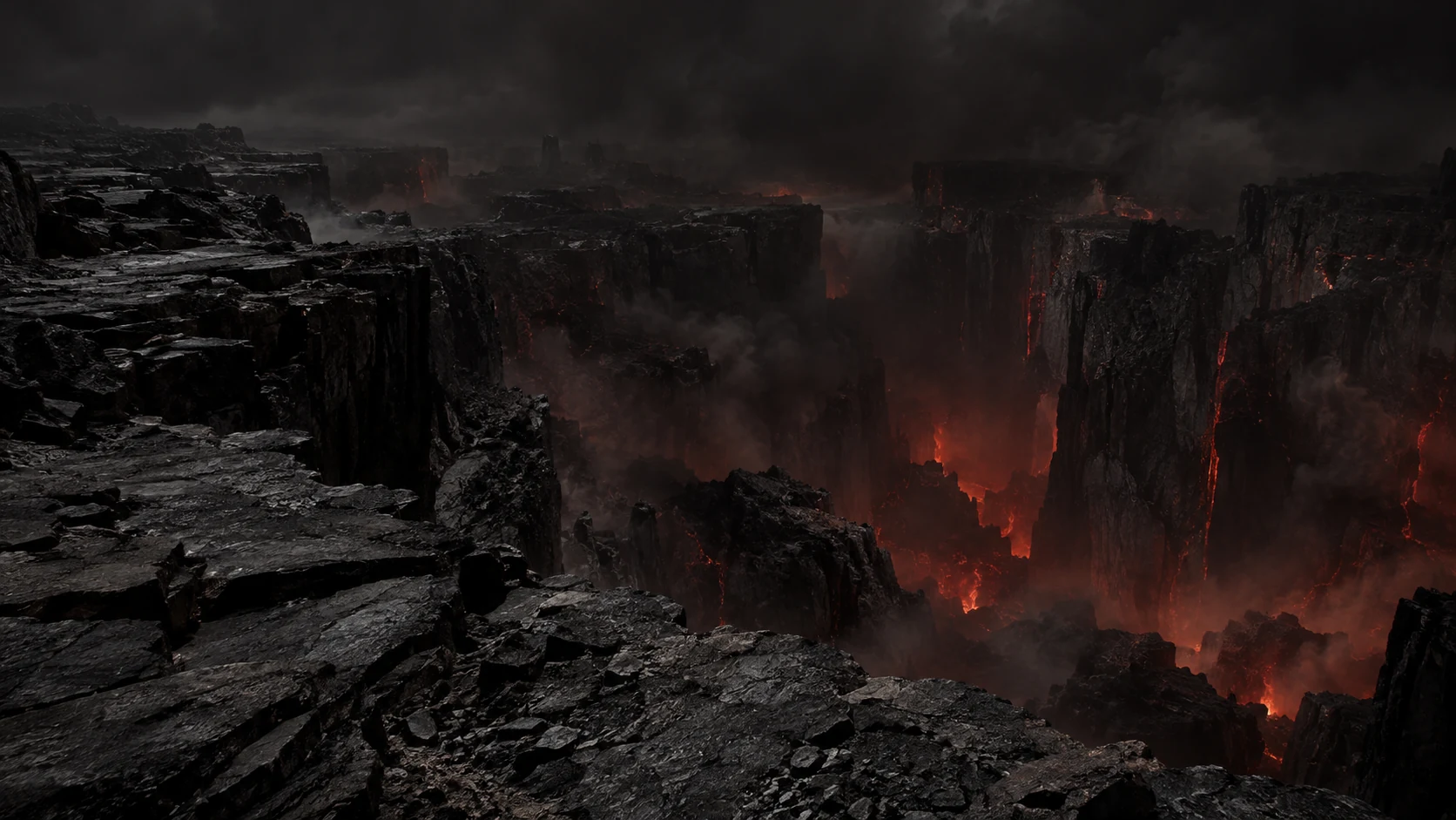 Imagined desolate basalt abyss with fractured black rock, soot-dark clouds and subdued red embers in deep chasms